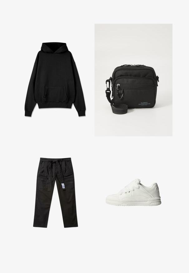 Pegador LOGO OVERSIZED HOODIE - Hættetrøje - vintage black black; Sorte cargo-bukser lavet af et holdbart materiale, med belted talje, fire lommer og lige ben.; Hvide sneakers med en glat læderoverflade, polstret tunge, flade snørebånd og strukturerede detaljer på siderne og hælen.; Sort stof crossover tas med to lynlåslommer, justerbar rem og diskret logo detalje i blå på fronten.