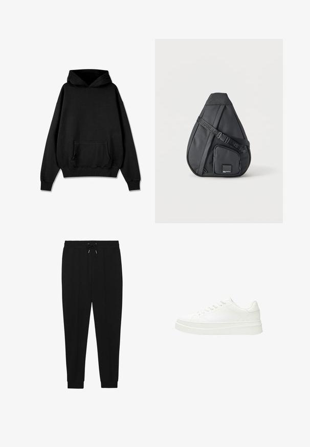 Pegador LOGO OVERSIZED HOODIE - Hættetrøje - vintage black black; Sorte træningsbukser med snøre i taljen, tapered ben og ribbede manchetter. Fremstillet af et blødt stof med en glat tekstur.; Hvid sneaker med en glat læderoverdel, flade snørebånd og en tyk gummisål. Minimalistisk design med diskret syning og glatte detaljer.; Sort crossbody-taske i dråbeform med justerbar rem og lynlåslomme foran med lille mærkelogo.