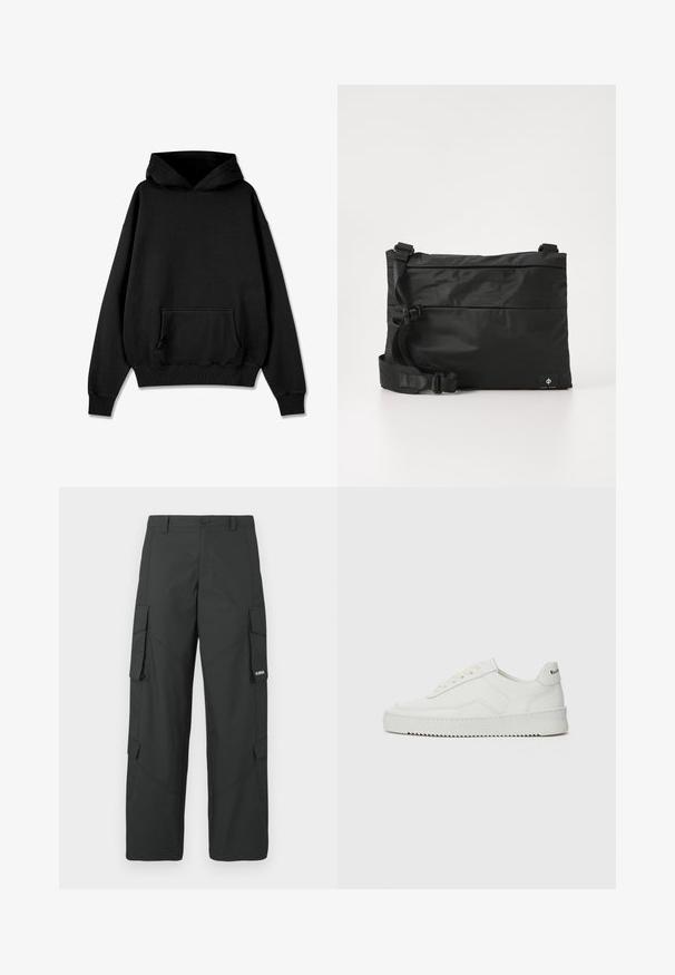 Pegador LOGO OVERSIZED HOODIE - Φούτερ με κουκούλα - vintage black black; Μαύρο παντελόνι cargo κανονικής γραμμής με πλαϊνές τσέπες με καπάκι, κλείσιμο με κουμπί, τρύπες για ζώνη και μικρό λευκό λογότυπο στην καπάκι της δεξιάς τσέπης.; Λευκό δερμάτινο sneakers με λείο φινίρισμα, στρογγυλή μύτη, επίπεδα κορδόνια και υφή στην σόλα. Φέρει μια διακριτική λογότυπο στη φτέρνα.; Μαύρη τσάντα ταχυδρόμου από νάιλον με ρυθμιζόμενο ιμάντα, επίπεδο σχεδιασμό και πλαϊνή ετικέτα με λογότυπο. Λείο υλικό και μίνιμαλ στυλ.