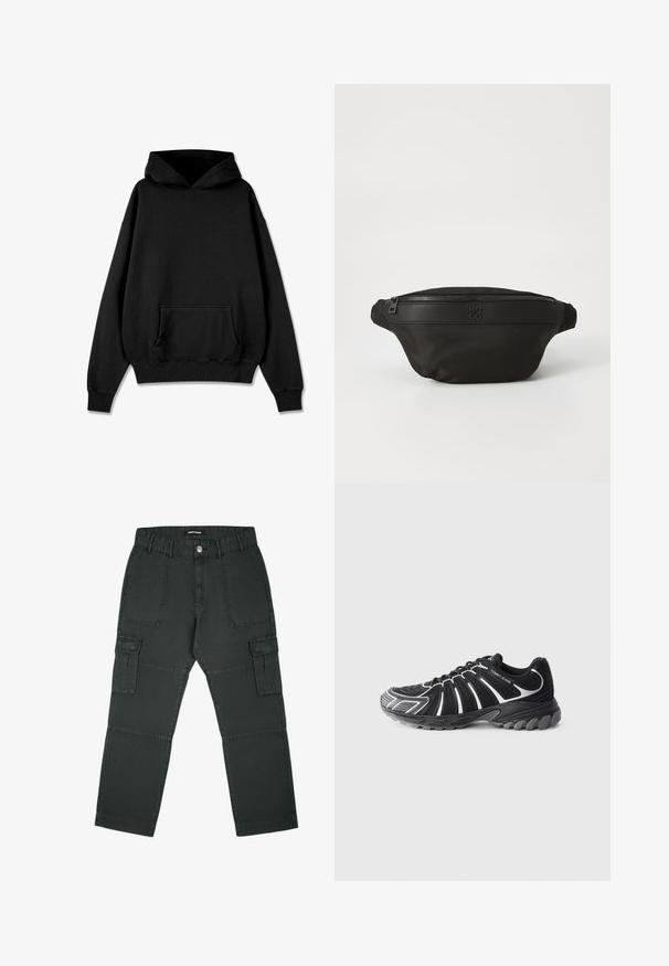 Pegador LOGO OVERSIZED HOODIE - Kapuzenpullover - vintage black black; Cargo-Hosen in Dunkelgrün, aus strapazierfähigem Stoff. Sie verfügen über zwei Vordertaschen und zwei Seitentaschen mit Klappen und Druckknopfverschlüssen.; Schwarzer Sportschuh mit weißen Akzenten, der ein strukturiertes Obermaterial, ein geschwungenes Design und eine Gummisohle mit auffälligem Profil für Traktion bietet.; Schwarze Stoffumhängetasche mit Reißverschluss und geprägt Logo. Rundliche Form mit glatter Textur und verstellbarem Gurt.