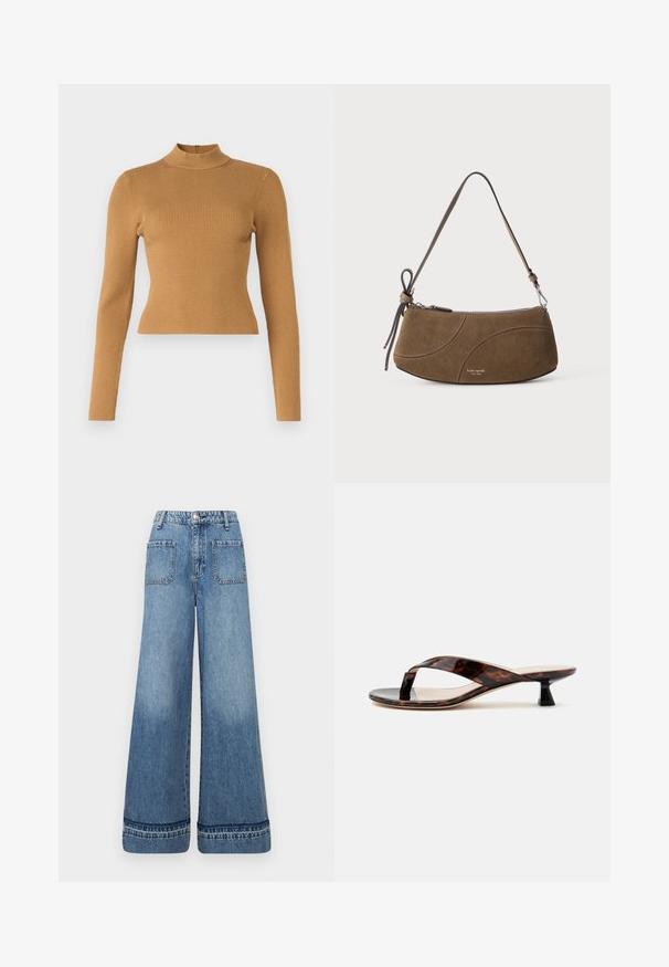 Haut col roulé côtelé de couleur brun chaud. Il dispose de manches longues, d'une coupe ajustée et d'une petite fermeture éclair au dos. Texture lisse.; Jean large bleu clair en denim, doté de deux poches arrière, d'une taille haute et d'un ourlet légèrement effiloché.; Sandale à talon kitten écaille de tortue marron avec bride entre les orteils et bout carré sur un fond clair uni.; Sac à bandoulière en daim marron avec une sangle courte, une fermeture éclair et des détails de couture courbes subtils.