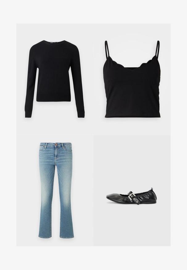Sort langærmet rundhalset sweater med ribstrikkede manchetter og kant, vist mod en ensartet lysegrå baggrund.; Even&Odd Top - black; Lyseblå flared jeans lavet af denim, med en falmet vask, fem lommer, bæltestropper og lukning med knapper foran.; Sorte læder flade sko med spids tå, samling detaljer omkring åbningen, og en sølv spænde accent på den justerbare rem.