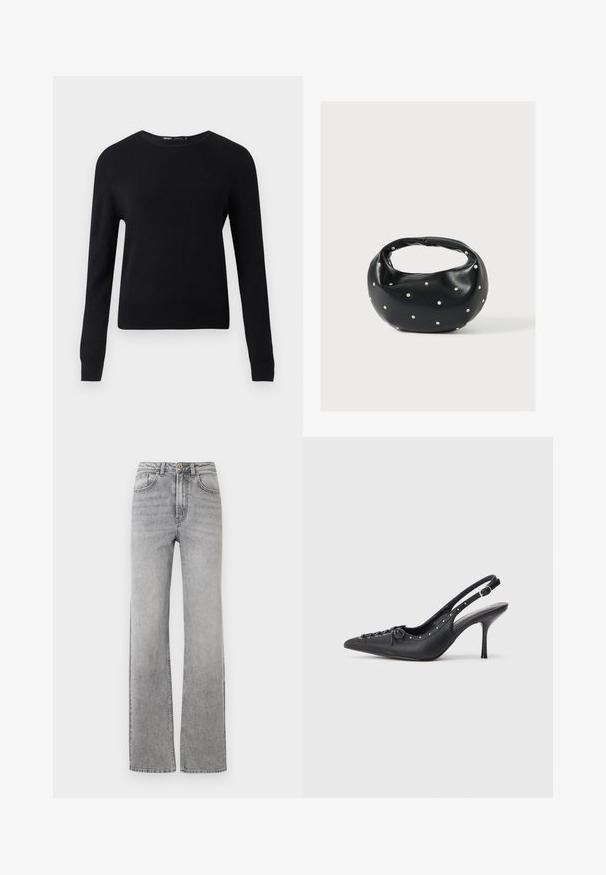 Sort langærmet rundhalset sweater med ribstrikkede manchetter og kant, vist mod en ensartet lysegrå baggrund.; Slidsegrå denimjeans med lige ben, knap- og lynlåsclosure, frontlommer og bæltestropper på en hvid baggrund.; Sorte læder slingback stiletto med spids tå, side spændebånd, nitter langs kanten og dekorativ snøring foran.; Sort læderhåndtaske med en rundet form, dekoreret med sølvnitter, og et kort håndtag. Glat tekstur og lynlåslukning.