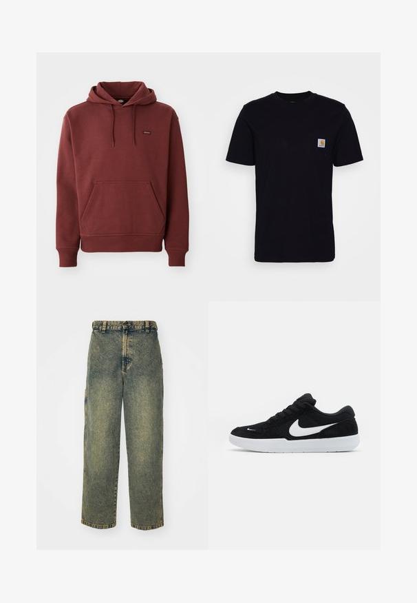 Sudadera marrón de felpa suave con un bolsillo tipo canguro, puños y dobladillo acanalados, y una pequeña etiqueta con logo en el pecho.; Camiseta de algodón negra con mangas cortas, cuello redondo y un bolsillo en el pecho que presenta un pequeño parche de logo cuadrado. Diseño simple y sólido.; Jeans de denim holgados en un lavado azul y verde descolorido. Presenta un cierre de botón, pasadores para el cinturón y bolsillos laterales. Diseño de frente plano y pierna recta.; Zapatillas de ante negras con acentos blancos, con una puntera redondeada, suela blanca gruesa y cordones negros. Logotipo de Nike en blanco prominente en el costado.