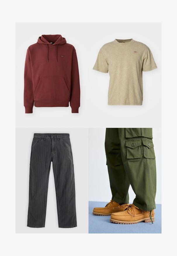 Sudadera marrón de felpa suave con un bolsillo tipo canguro, puños y dobladillo acanalados, y una pequeña etiqueta con logo en el pecho.; Camiseta de manga corta, color marrón claro, fabricada en un tejido suave y texturizado. Presenta un pequeño parche de logo en el pecho y un clásico escote redondo.; Pantalones de rayas negras fabricados en una mezcla de algodón. Cuentan con un diseño de pierna recta, bolsillos laterales y un cierre con botón.; Timberland AUTHENTIC 3 EYE - Náuticos - wheat