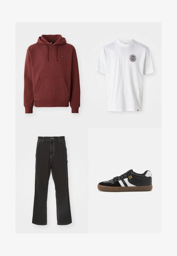 Sudadera marrón de felpa suave con un bolsillo tipo canguro, puños y dobladillo acanalados, y una pequeña etiqueta con logo en el pecho.; Camiseta de algodón blanca con un logo redondo en el pecho. Cuello redondo, mangas cortas, corte relajado, con acentos en rojo y negro.; Pantalones de mezclilla negros con corte recto, costuras blancas en contraste, bolsillos frontales y cierre de botón en la cintura.; Zapatillas en blanco y negro con parte superior de ante y cuero, que presentan franjas blancas, cordones negros y una suela de goma marrón. Acentos de logo dorados.