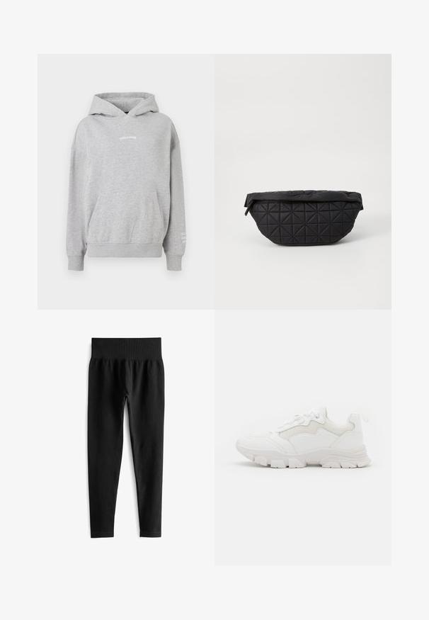 Grijze katoenen hoodie met een kangoeroezak, geribde manchetten en de tekst "PEGADOR" op de borst met extra tekst op de mouw.; Zwarte geribde legging met een brede, elastische tailleband. De stof lijkt rekbaar en gestructureerd, eindigend net boven de enkel.; NA-KD Sneakers laag - white; Zwarte, gewatteerde tas met een zachte, gewatteerde textuur en een hoekig ruitpatroon, met een gebogen silhouet en ritssluiting.