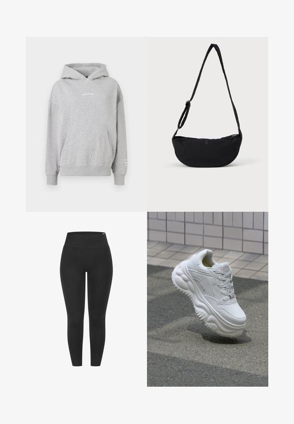 Grå bomulds-hoodie med kengurulomme, ribbede manchetter og "PEGADOR" tekst på brystet med yderligere tekst på ærmet.; Sorte leggings med en høj elastisk talje, glat tekstur og tætsiddende design, velegnet til forskellige aktiviteter.; Hvide lædersneakers med en kraftig sål, teksturerede detaljer og snørelukning. Har formede accenter og en glat finish.; Sort stof skuldertaske med en buet form, der har en enkelt flettet rem og en lynlåslukning. Diskret logo på forsiden.
