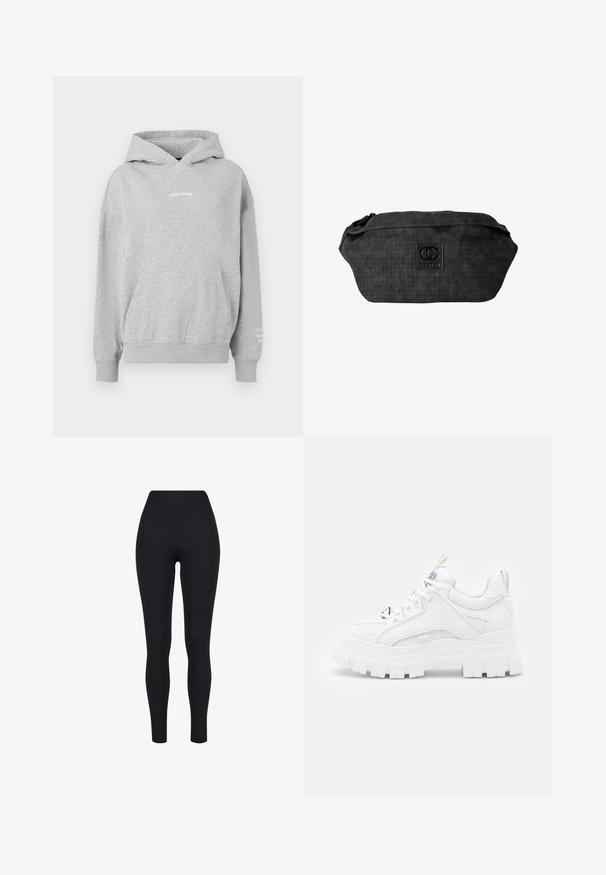 Šedá bavlnená mikina s kapucňou, ktorá má klokanie vrecko, rebrované manžety a text "PEGADOR" na hrudi s ďalším textom na rukáve.; Čierne legíny s vysokým pásom, vyrobené z elastickej látky, s hladkou textúrou a priliehavým dizajnom bez viditeľných švov alebo vzorov.; Biele robustné tenisky s textúrovaným zvrškom, polstrovaným golierom a hrubou, ryhovanou podrážkou. Obsahuje kontrastné čierne šnúrky a detaily s logom.; Čierna textúrovaná látková bedrová taška s našitou štítkovou nášivkou s nápisom „COSTER“ na prednom strede.