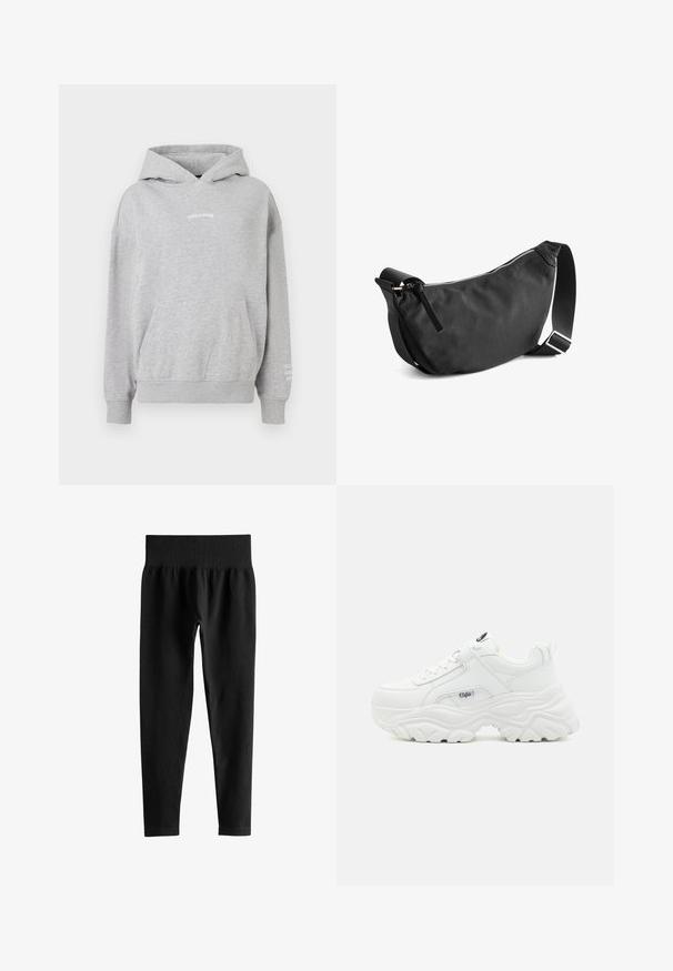 Grijze katoenen hoodie met een kangoeroezak, geribde manchetten en de tekst "PEGADOR" op de borst met extra tekst op de mouw.; Zwarte geribde leggings met hoge taille, brede elastische tailleband en volledige smalle pijpen op een witte achtergrond.; Witte chunky sneakers met een soepel leren bovenwerk, ronde neus en een dikke, gestructureerde zool met een zichtbaar merklogo aan de zijkant.; Zwarte stoffen schoudertas met een gebogen vorm, ritssluiting en verstelbare schouderband. Heeft een gladde textuur en een minimalistisch ontwerp.