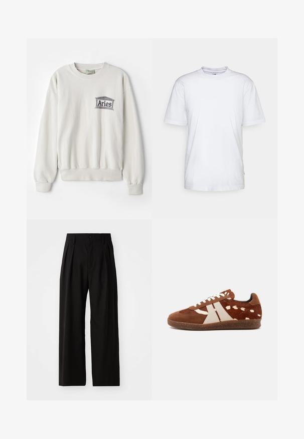 Cremefarbener Sweatshirt aus weichem Stoff, mit rundem Halsausschnitt und gerippten Bündchen. Es verfügt über ein graues, gedrucktes "Aries"-Logo.; Weißes Baumwoll-T-Shirt mit Rundhalsausschnitt, kurzen Ärmeln und geradem Saum. Auf der linken Seitennaht befindet sich ein kleines Markenzeichen.; Schwarze weit geschnittene Hose mit glatter Textur, zwei vorderen Falten, einem Knopfverschluss und seitlichen Taschen. Strapazierfähiger Stoff.; Braun-weiß gefleckter Low-Top-Sneaker mit weißen Schnürsenkeln, beigen Seitenstreifen und einer strukturierten braunen Gummisohle.
