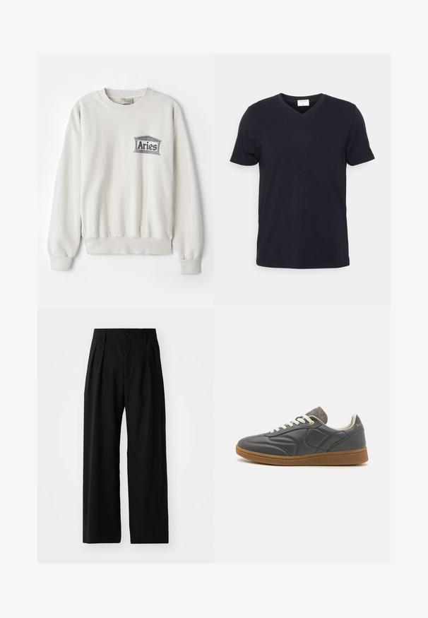 Cremefarvet sweatshirt lavet af blødt stof, med en rund halsudskæring og ribbede manchetter. Den har et trykt "Aries" logo i grå.; Sort v-hals t-shirt lavet af bomuld, med korte ærmer og en afslappet pasform. Enkel design, uden mønstre eller yderligere accenter.; Sorte bukser med vid ben, der har en glat overflade, to frontplisseringer, knaplukning og sidelommer. Holdbart stof.; Mørkegrå lædersneakers med rund tå, hvide snørebånd, lysbrun gummisål og diskrete grå tekstildetaljer ved kraven. Guld logo detajle.