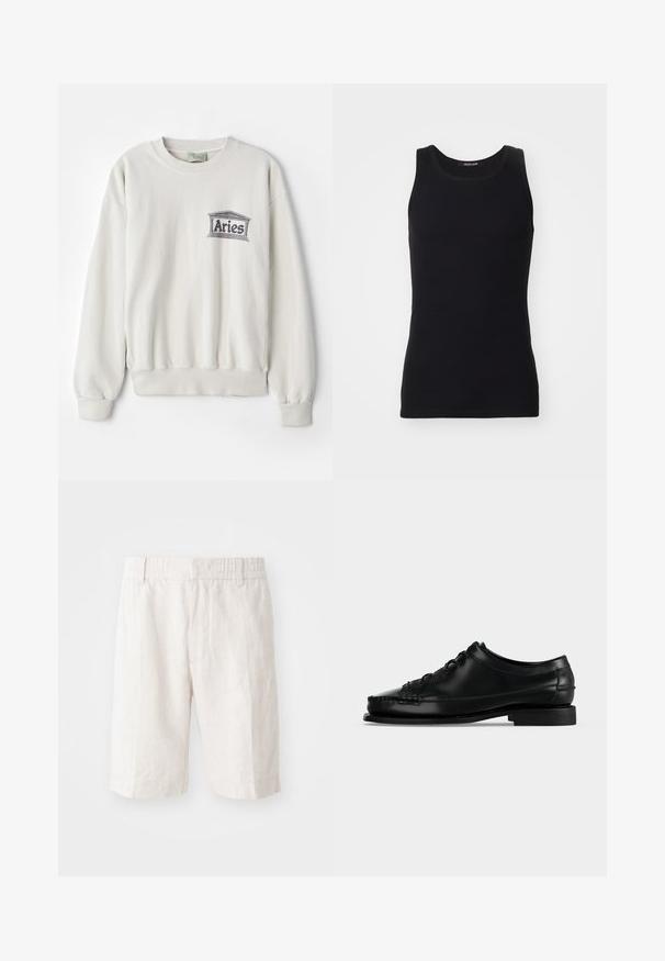 Sweatshirt de couleur crème en tissu doux, avec un col rond et des poignets côtelés. Il arbore un logo "Aries" imprimé en gris.; Débardeur noir en matériau lisse et extensible. Doté d'un col rond et sans manches, avec une coupe ajustée et un design simple.; Shorts en lin beige clair avec une taille élastique, poches latérales et une coupe droite. Texture lisse avec des coutures minimales visibles.; Chaussure habillée noire en cuir à lacets, talon bas et coutures moc toe, vue de profil gauche sur fond uni.