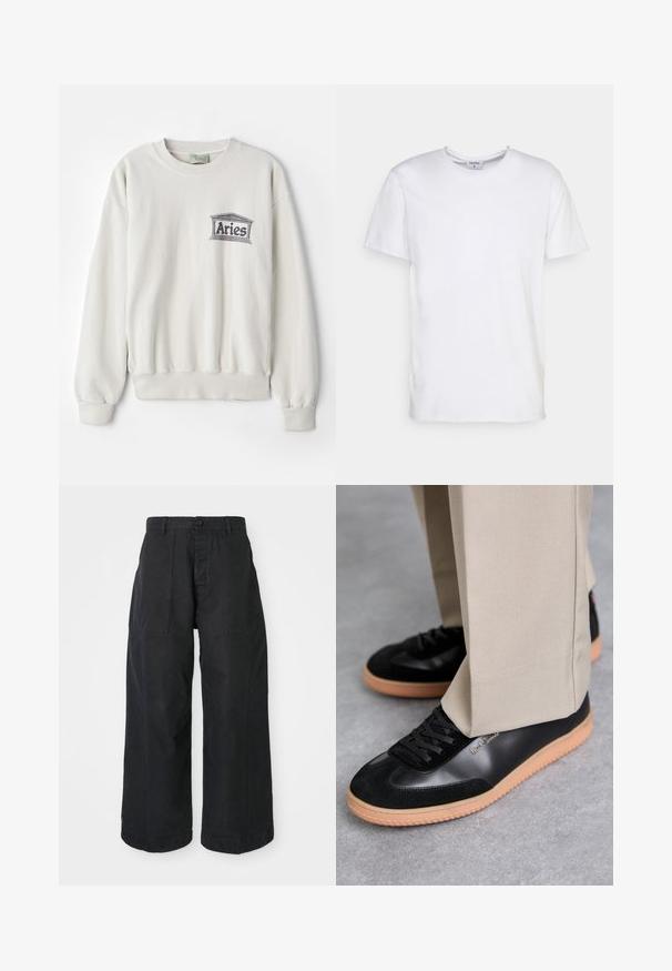 Cremefarbener Sweatshirt aus weichem Stoff, mit rundem Halsausschnitt und gerippten Bündchen. Es verfügt über ein graues, gedrucktes "Aries"-Logo.; Weißes T-Shirt mit kurzen Ärmeln aus Baumwolle. Es hat einen runden Halsausschnitt und eine lockere Passform ohne sichtbare Muster oder Akzente.; Schwarze, weite Beinkleider aus Canvasmaterial mit Knopfverschluss, zwei vorderen Taschen und einem lockeren Schnitt.; Paul Smith COMO - Sneaker low - black