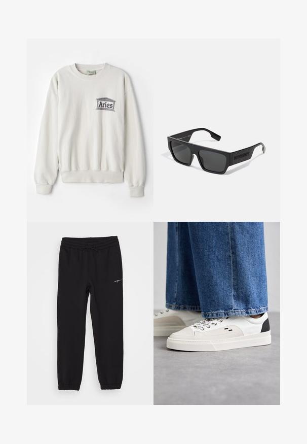 Cremefarbener Sweatshirt aus weichem Stoff, mit rundem Halsausschnitt und gerippten Bündchen. Es verfügt über ein graues, gedrucktes "Aries"-Logo.; Schwarze Sporthosen mit elastischem Bund und Kordelzug, ausgestattet mit Seitentaschen und Bündchen an den Knöcheln. Dezente weiße Markierung am Bein.; Weiße und schwarze Sneaker mit einem Obermaterial aus glattem Leder, strukturierten Akzenten und einer massiven weißen Sohle. Verfügt über ein klassisches Schnürdesign.; Schwarze Sonnenbrille mit rechteckiger Form, mattem Finish und grauen Gläsern. Mit eingeprägtem Logo an den Bügeln. Klassisches Design.