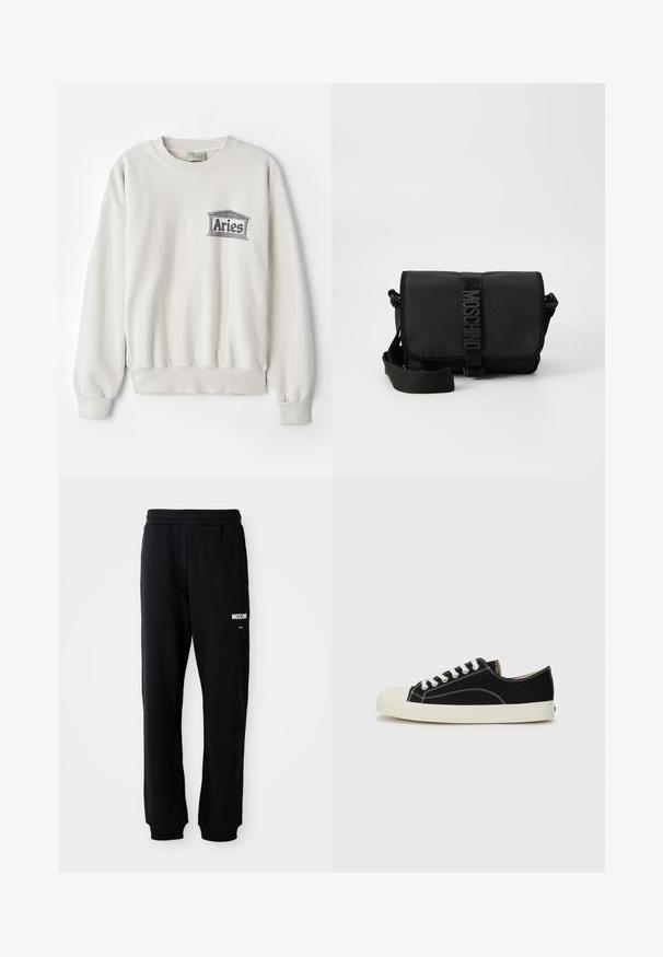 Cremefarvet sweatshirt lavet af blødt stof, med en rund halsudskæring og ribbede manchetter. Den har et trykt "Aries" logo i grå.; Sorte sweatpants med en afslappet pasform, lavet af blødt stof. Har en elastisk talje og hvidt "Moschino" logo på venstre lår.; Sorte lærredssneakers med hvid syning, en rund gummitå, og hvide snørebånd. Har en tekstureret stofoverdel og en beige sål.; Sort nylon crossbody taske med en klap, prydet med en fremtrædende logo-rem lukning, justerbar rem og sidelægninger.