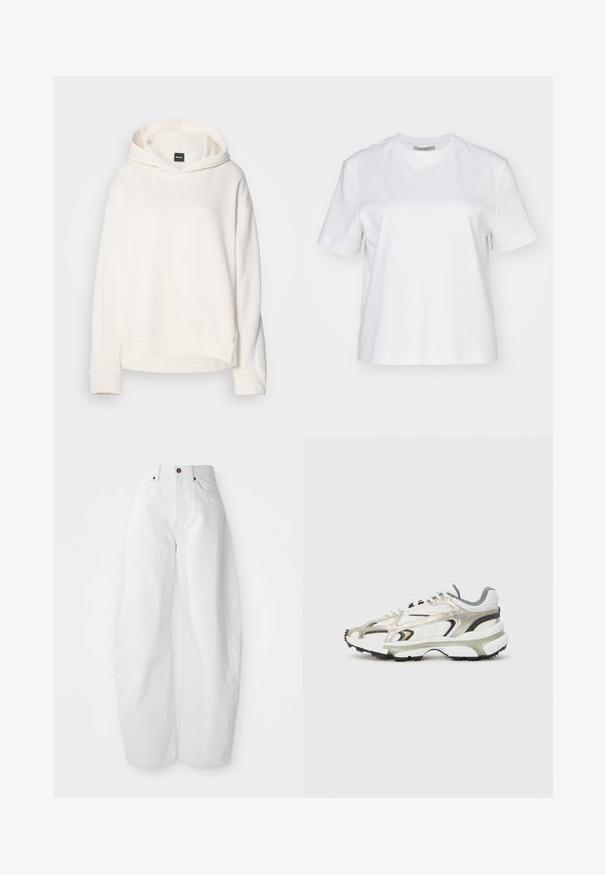 Haut à capuche couleur crème en tissu doux, doté d'une capuche avec cordon de serrage, de poignets côtelés et d'un petit logo sur le devant. Conception à coupe décontractée.; AllSaints LISA TEE - T-shirt basique - white; Pantalons en denim blancs taille haute avec une coupe ample. Dotés d'une fermeture à bouton, de poches latérales et d'un design minimaliste. Texture lisse.; Baskets volumineuses en blanc, gris et argent métallique avec des panneaux texturés. Comprend une épaisse semelle en caoutchouc noir et un design d'overlay distinctif.