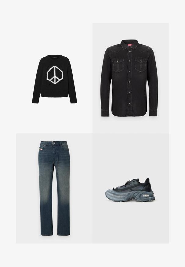 Pull en tricot noir avec un motif de signe de paix blanc, col rond, manches longues et détails usés sur le tissu.; Chemise en denim noir à manches longues avec boutons-pression, col pointu et deux poches avant. Présente un léger éclat et des coutures contrastées.; Jean en denim bleu à jambe droite avec lavage délavé, fermeture avant par bouton et fermeture éclair, et design à cinq poches.; Baskets Diesel noires et grises avec semelle épaisse, système de laçage à bascule et design texturé sur fond gris clair uni.