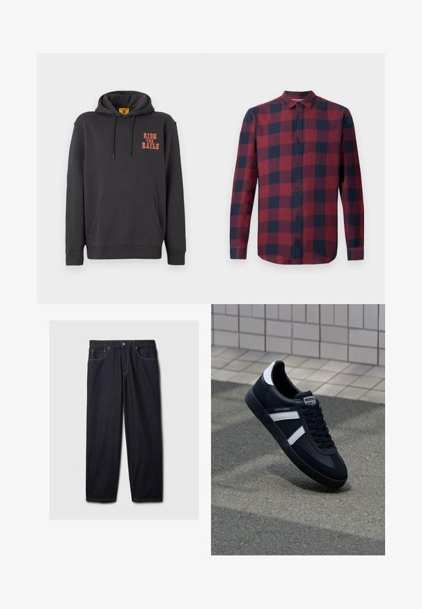 Grijze hoodie met een kangoeroezak, een capuchon met trekkoord en oranje "RIDE THE RAILS" tekst op de borst. Zacht materiaal met een gladde textuur.; Rood en marineblauw geruit overhemd met lange mouwen, een button-down kraag en donkere knopen. Gemaakt van lichtgewicht stof met een gladde textuur.; Donkerdenim jeans met een rechte pasvorm, voorzien van een knoop- en ritssluiting, twee voorzakken en contrasterende oranje stiksels.; Zwarte leren sneaker met witte strepen, een gestructureerde rubberen zool en vetersluiting aan de voorkant. Voorzien van een merklabel op de tong.