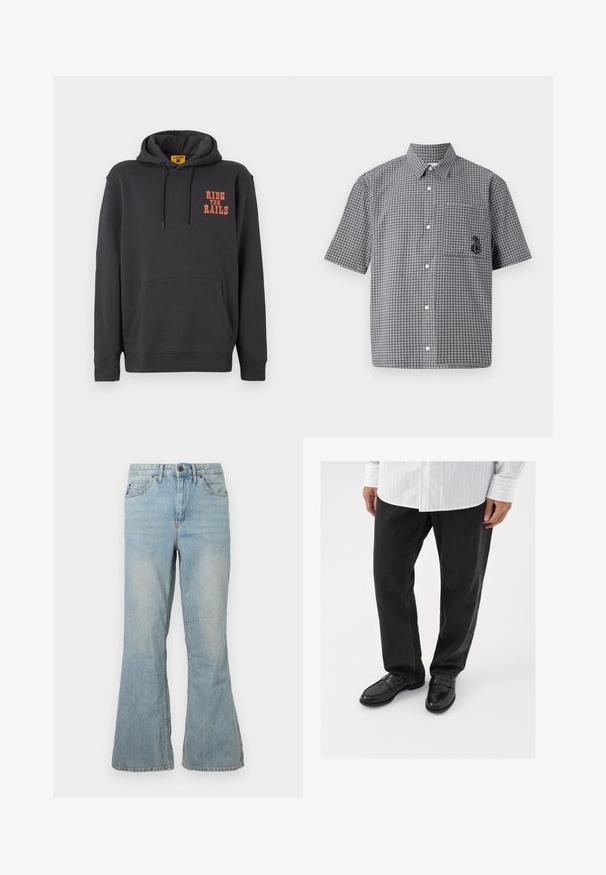 Grauer Hoodie mit einer Kängurutasche, Kapuze mit Kordelzug und orangefarbigem "RIDE THE RAILS"-Text auf der Brust. Weicher Stoff mit glatter Textur.; Kurzärmliges Hemd mit Knöpfen im schwarz-weißen Karomuster, ausgestattet mit einer Brusttasche und einem bestickten Seepferdchen-Detail. Aus Baumwollmaterial.; Helleblaue, ausgestellte Jeans aus Denim mit mittelhohem Bund, fünf Taschen und sichtbaren Nähten. Sie zeichnet sich durch eine glatte Textur und einen regulären Reißverschluss aus.; Schwarze Jeans kombiniert mit glänzenden schwarzen Slippern. Das Hemd ist weiß mit dünnen vertikalen Streifen, hat lange Ärmel und einen geknöpften Kragen.