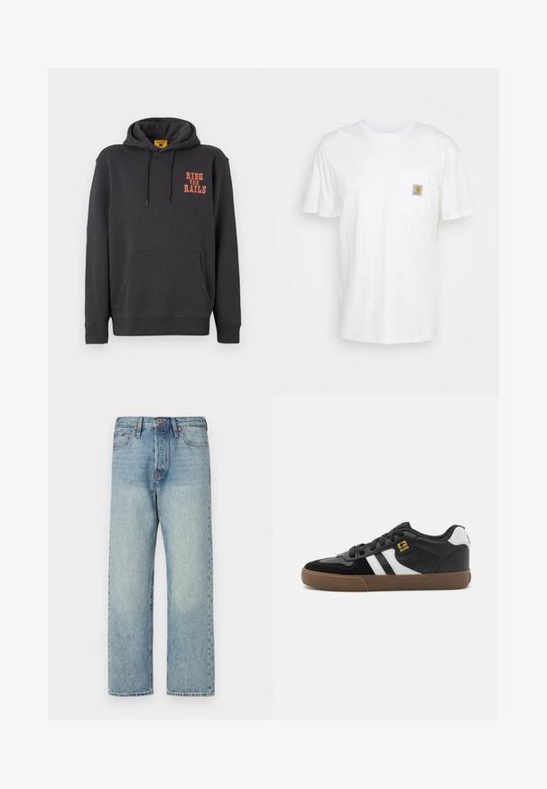 Grauer Hoodie mit einer Kängurutasche, Kapuze mit Kordelzug und orangefarbigem "RIDE THE RAILS"-Text auf der Brust. Weicher Stoff mit glatter Textur.; Weißes Baumwoll-T-Shirt mit kurzen Ärmeln, einer Brusttasche und einem kleinen quadratischen Logopatch in Orange und Weiß auf der Tasche.; Hellblaue Jeans aus Denim mit geradem Bein, fünf Taschen und bronzener Hardware. Minimale Ausbleichungen mit einem sauberen Finish.; Schwarz-weiße Sneakers mit einem Obermaterial aus Wildleder und Leder, ausgestattet mit weißen Streifen, schwarzen Schnürsenkeln und einer braunen Gummisohle. Mit goldenen Logo-Akzenten.