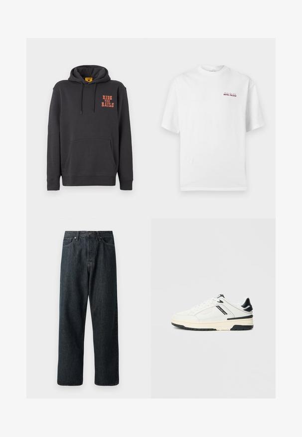Grå hættetrøje med kængurulomme, snørehætte og orange "RIDE THE RAILS" tekst på brystet. Blødt stof med en glat tekstur.; Hvid T-shirt med korte ærmer og rund hals, med lille rød tekst "Royal Palace" på venstre brystområde.; Mørk denimjeans med lige bendesign, der har en traditionel fem-lommeopbygning og en metalknaplukning i taljen.; Hvid lavtsiddende sneaker med sorte accenter, cremefarvet sål, snørebånd og "Jeans Pepe" tekst på sidepanelet.