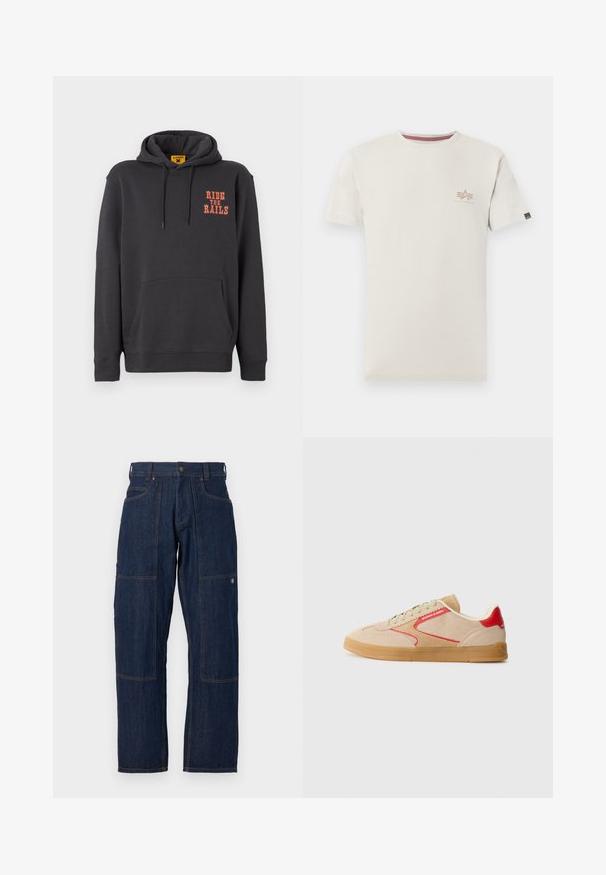 Grå hættetrøje med kængurulomme, snørehætte og orange "RIDE THE RAILS" tekst på brystet. Blødt stof med en glat tekstur.; Beige kortærmet T-shirt med lille Alpha Industries-logo på venstre bryst og en lille sort etiket på venstre ærme.; Mørkeblå denim arbejdstrusser med forstærkede knælapper, forlommer, bæltestropper og en knaplukning ved taljen.; Suedesneakers i beige med røde accenter, rund tå, polstret krave og flad gummisål. Funktioner med kontrasterende syninger og logo.