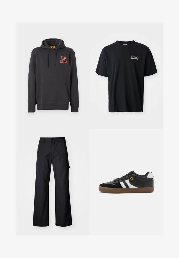 Sweat à capuche gris avec une poche kangourou, un cordon de serrage, et le texte orange "RIDE THE RAILS" sur la poitrine. Tissu doux avec une texture lisse.; T-shirt noir en coton à manches courtes. Présente un logo brodé "Dickies Donut House" sur la partie gauche de la poitrine. Design classique à col rond.; Pantalons larges noirs en tissu durable. Fermeture à bouton et poches latérales. Texture lisse avec un design épuré.; Baskets noir et blanc avec une tige en daim et en cuir, présentant des rayures blanches, des lacets noirs et une semelle en caoutchouc marron. Accents de logo dorés.