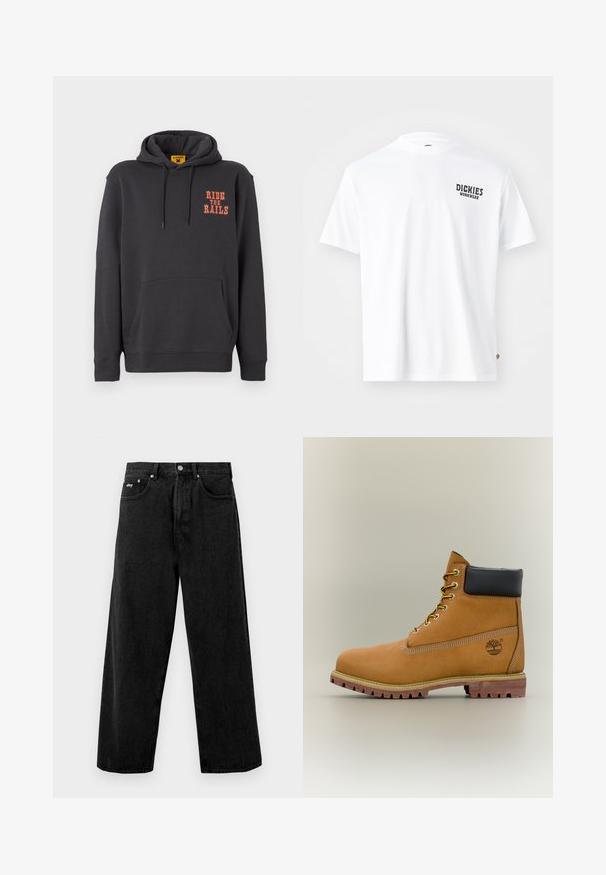 Grauer Hoodie mit einer Kängurutasche, Kapuze mit Kordelzug und orangefarbigem "RIDE THE RAILS"-Text auf der Brust. Weicher Stoff mit glatter Textur.; Weißes Baumwoll-T-Shirt mit rundem Ausschnitt, kurzen Ärmeln und einem kleinen schwarzen "Dickies Workwear"-Logo auf der linken Brust. Glatte Textur, normale Passform.; Schwarze, weit geschnittene Jeans aus Denim mit Knopfverschluss und Vordertaschen. Dezentes Markenlogo am Bund. Matte Textur.; Brauner Leder-Stiefelette mit schwarzem Kragen, gelben Schnürsenkeln und hellbrauner Sohle. Verfügt über ein Logo und weiße Ziernähe. Robuste Profilsohle.