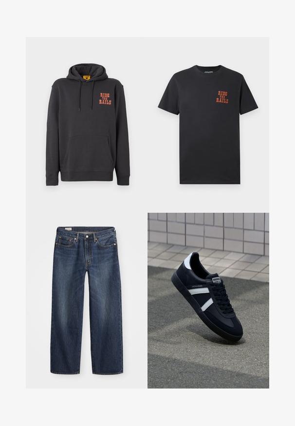 Grijze hoodie met een kangoeroezak, een capuchon met trekkoord en oranje "RIDE THE RAILS" tekst op de borst. Zacht materiaal met een gladde textuur.; Zwart katoenen T-shirt met een ronde hals en korte mouwen, met oranje tekst "RIDE THE RAILS" op de borst gedrukt.; Donkerblauwe spijkerbroek met een rechte pijp, vijf zakken, metalen knoop en rits, en subtiele wassingpatronen.; Zwarte leren sneaker met witte strepen, een gestructureerde rubberen zool en vetersluiting aan de voorkant. Voorzien van een merklabel op de tong.