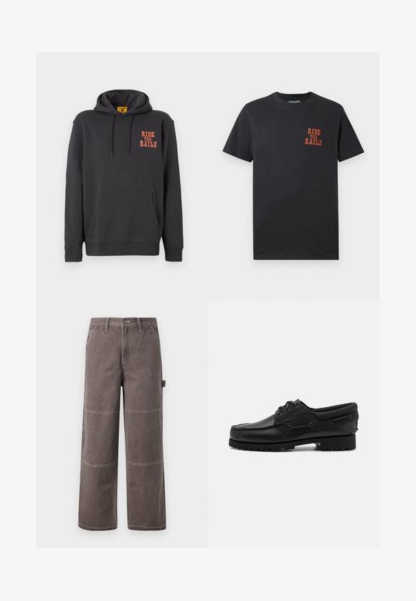 Sweat à capuche gris avec une poche kangourou, un cordon de serrage, et le texte orange "RIDE THE RAILS" sur la poitrine. Tissu doux avec une texture lisse.; T-shirt en coton noir avec col rond et manches courtes, portant le texte orange "RIDE THE RAILS" imprimé sur la poitrine.; Pantalons larges de couleur marron délavée, fabriqués en tissu durable avec des coutures contrastées. Présente des détails en panneaux et une poche latérale.; Chaussure noire avec un dessus en cuir, des accents textiles, des lacets ronds et une semelle en caoutchouc texturé. Présente des coutures mocassins et des détails de marque.