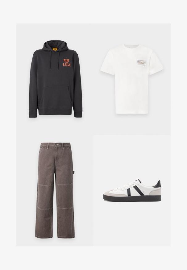 Grå hættetrøje med kængurulomme, snørehætte og orange "RIDE THE RAILS" tekst på brystet. Blødt stof med en glat tekstur.; Hvid bomulds T-shirt med korte ærmer, der har et lille rektangulært logo-patch på venstre bryst med farverig tekst og kant.; Bredde ben bukser i en falmet brun farve, lavet af holdbart stof med kontrasterende syninger. Har paneldetaljer og en sidelomme.; Hvide sneakers med sorte og grå detaljer, med en tekstureret grå tåhætte, sort gummisål og flade hvide snørebånd. Rent design, minimalistisk stil.