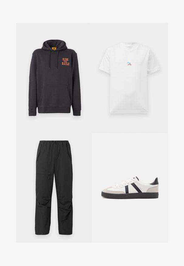 Grauer Hoodie mit einer Kängurutasche, Kapuze mit Kordelzug und orangefarbigem "RIDE THE RAILS"-Text auf der Brust. Weicher Stoff mit glatter Textur.; Weißes Kurzarm-T-Shirt mit kleiner, bunter Stickerei von gekreuzten Stöcken und blauer, kursiver Schrift in der Mitte der Brust.; Schwarze, leichte Hose mit einem elastischen Bund, seitlichen Taschen und einer lockeren Passform. Glatte Textur, keine sichtbaren Muster oder Akzente.; Weiße Sneaker mit schwarz- und grau-aczenten, ausgestattet mit einer strukturierten grauen Zehenkappe, schwarzer Gummi-Sohle und flachen weißen Schnürsenkeln. Sauberes Design, minimalistische Stil.