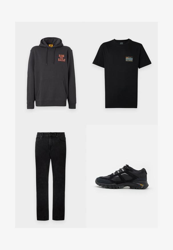 Grå hættetrøje med kængurulomme, snørehætte og orange "RIDE THE RAILS" tekst på brystet. Blødt stof med en glat tekstur.; Sort T-shirt med korte ærmer med en lille flerfarvet grafik af bjerge og hav samt teksten "BILLABONG Adventure division" på venstre bryst.; Sorte denimjeans med lige ben, udstyret med bæltestropper, forlommer og knaplukning. Stoffet er glat med en let stretch.; Sort udendørs sko lavet af ruskind og mesh med en robust sål. Har grå accenter og Vibram-branding på siden. Snøredesign.