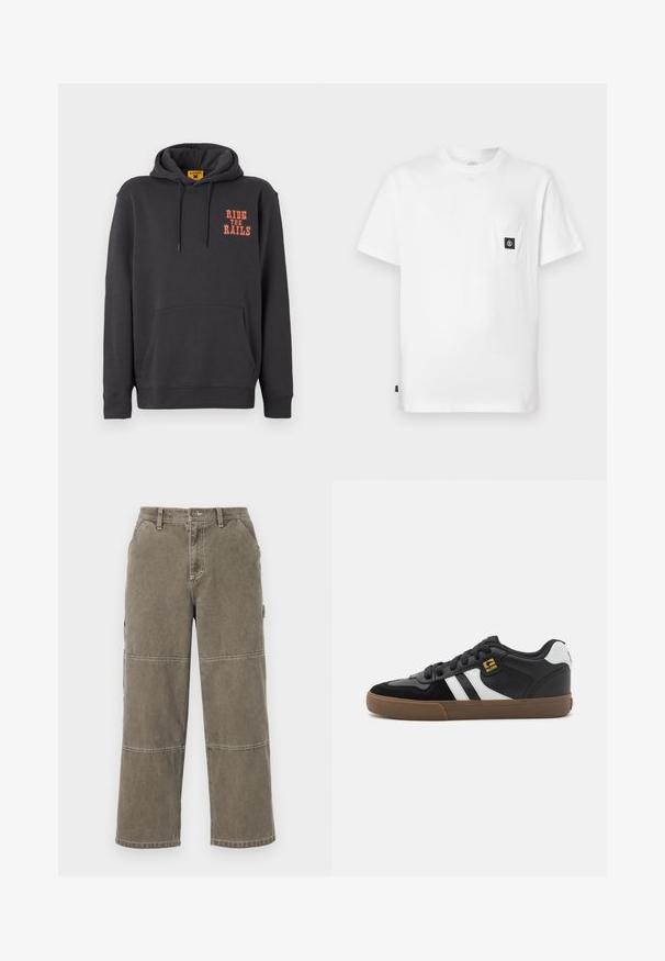 Grå hættetrøje med kængurulomme, snørehætte og orange "RIDE THE RAILS" tekst på brystet. Blødt stof med en glat tekstur.; Hvid bomulds T-shirt med rund halsudskæring, korte ærmer og en brystlomme med en sort logopatch. Glat tekstur, løs pasform.; Bomulds cargobukser i dæmpet olivengrøn med brede ben, dobbelt-syede detaljer og sidelommer, med knaplukning og bæltestropper.; Sorte og hvide sneakers med overdel i ruskind og læder, der har hvide striber, sorte snørebånd og en brun gummisål. Guld logo detaljer.
