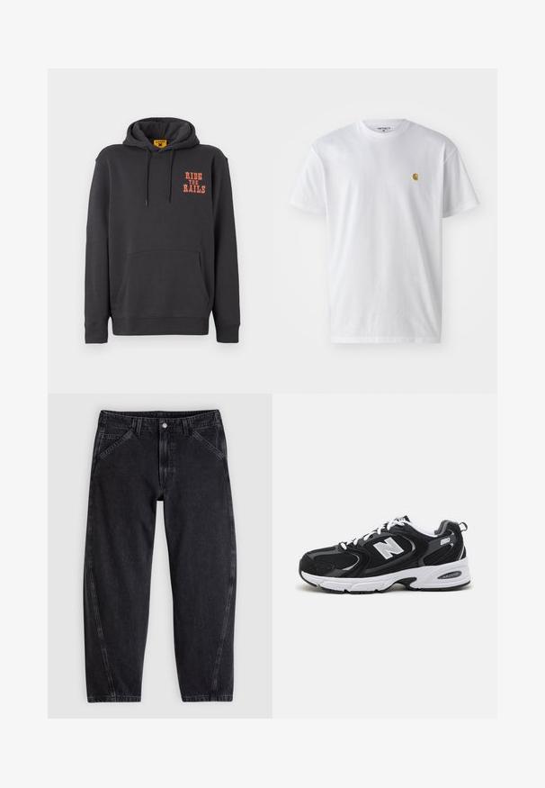Grijze hoodie met een kangoeroezak, een capuchon met trekkoord en oranje "RIDE THE RAILS" tekst op de borst. Zacht materiaal met een gladde textuur.; Witte katoenen t-shirt met korte mouwen en ronde hals, voorzien van een klein gouden logo op de linkerkant van de borst. Zachte textuur en een normale pasvorm.; Zwarte spijkerbroek met een losse pasvorm, voorzien van een standaard tailleband, ontwerp met vijf zakken en contrasterende stiksels langs de naden.; Zwarte en grijze sport schoenen met een bovenwerk van mesh en suede, voorzien van een witte tussenzool, veters en een gedurfde "N"-logo aan de zijkant.