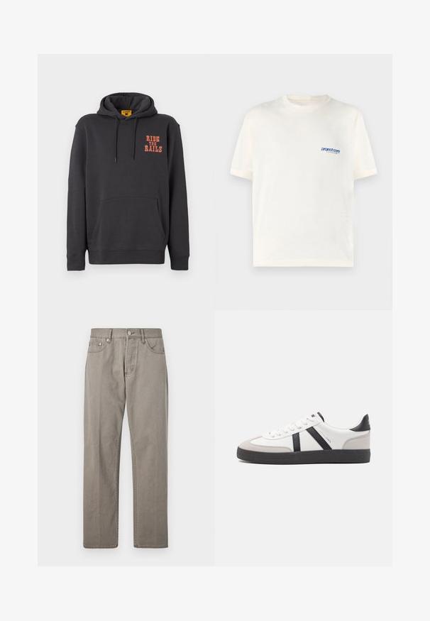Grijze hoodie met een kangoeroezak, een capuchon met trekkoord en oranje "RIDE THE RAILS" tekst op de borst. Zacht materiaal met een gladde textuur.; Crème t-shirt met korte mouwen, gemaakt van zachte katoen, met een klein blauw gedrukt logo op de linkerborst. Klassiek ronde hals ontwerp.; Grijze denim broek met een rechte pasvorm, voorzien van een knoopsluiting, voorzakken en subtiele stiksels. Geen patronen of slijtage.; Witte sneaker met zwarte en grijze accenten, voorzien van een grijze neus met textuur, zwarte rubberen zool en platte witte veters. Schoon ontwerp, minimalistische stijl.