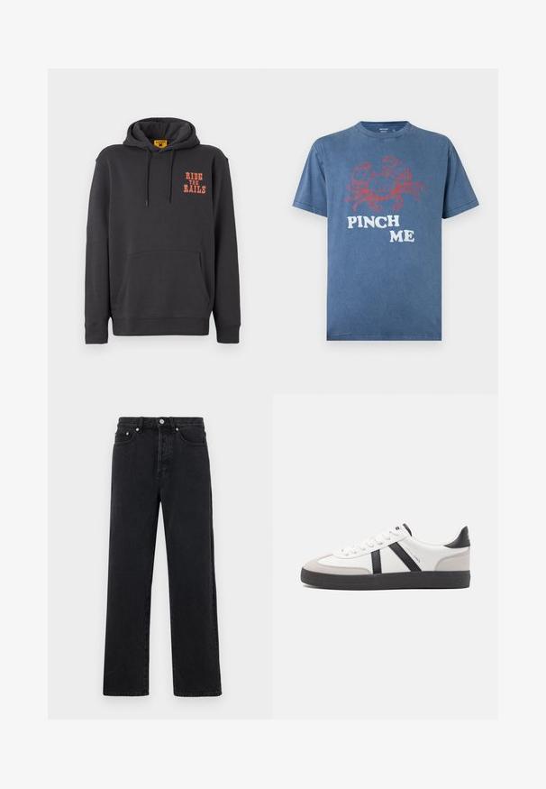 Grijze hoodie met een kangoeroezak, een capuchon met trekkoord en oranje "RIDE THE RAILS" tekst op de borst. Zacht materiaal met een gladde textuur.; Blauw katoenen T-shirt met een rood krabafbeelding en de tekst "PINCH ME," met een ontspannen pasvorm en een ronde hals.; Zwarte denim jeans met rechte pijpen en een hoge taille, voorzien van vijf zakken en sluiting met metalen knoop. De stof heeft een gladde textuur en een lichte glans.; Witte sneaker met zwarte en grijze accenten, voorzien van een grijze neus met textuur, zwarte rubberen zool en platte witte veters. Schoon ontwerp, minimalistische stijl.