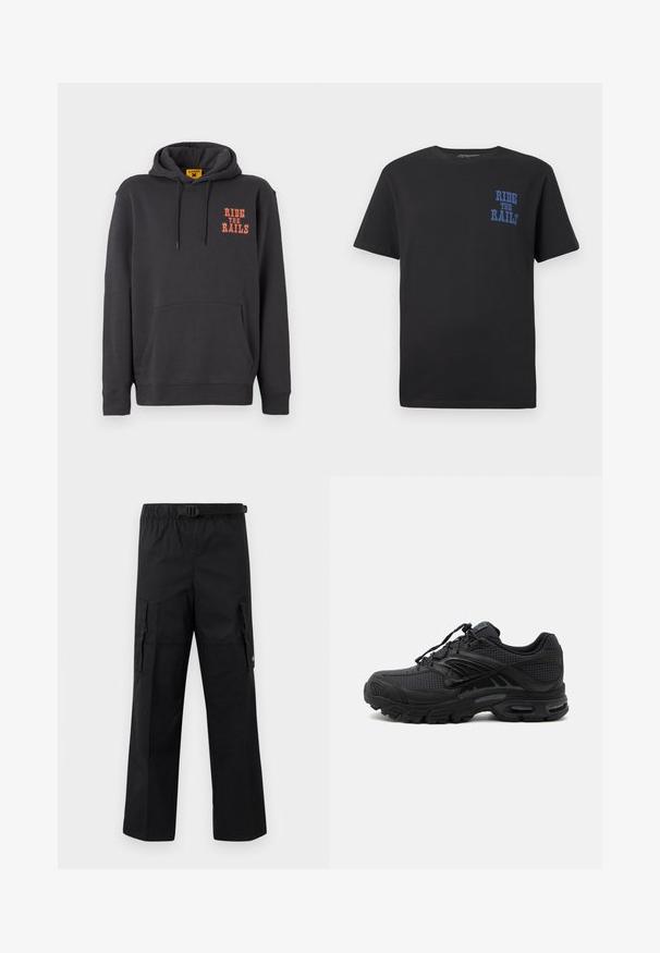 Grauer Hoodie mit einer Kängurutasche, Kapuze mit Kordelzug und orangefarbigem "RIDE THE RAILS"-Text auf der Brust. Weicher Stoff mit glatter Textur.; Schwarzes Baumwoll-T-Shirt mit kurzen Ärmeln, das blauen Text "RIDE THE RAILS" im linken Brustbereich zeigt. Rundhalsausschnitt und normale Passform.; Schwarze Cargo-Hosen mit weitem Schnitt, verstellbarem Bund mit Schnalle und zwei Seitentaschen zur Aufbewahrung. Leichtes Material.; Schwarzer athletischer Sneaker mit strukturiertem Stoff, dicker gepolsterter Sohle, Luftauslässen und Schnürverschluss, von der Seite auf hellem Hintergrund gezeigt.