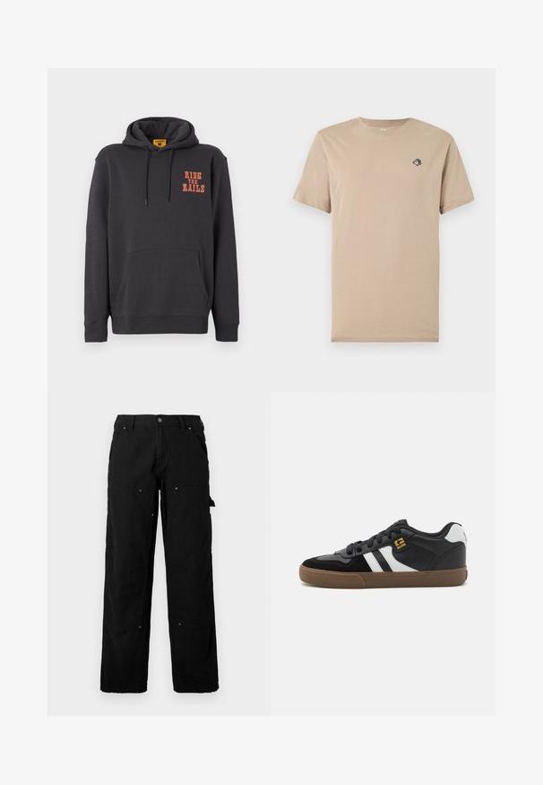 Sweat à capuche gris avec une poche kangourou, un cordon de serrage, et le texte orange "RIDE THE RAILS" sur la poitrine. Tissu doux avec une texture lisse.; T-shirt beige à manches courtes et col rond avec un petit patch style cartoon sur la poitrine gauche représentant un personnage aux yeux écarquillés.; Pantalons cargo noirs en tissu durable, dotés de plusieurs poches, d'une coupe détendue, de coutures visibles et de détails de boutons-pression.; Baskets noir et blanc avec une tige en daim et en cuir, présentant des rayures blanches, des lacets noirs et une semelle en caoutchouc marron. Accents de logo dorés.