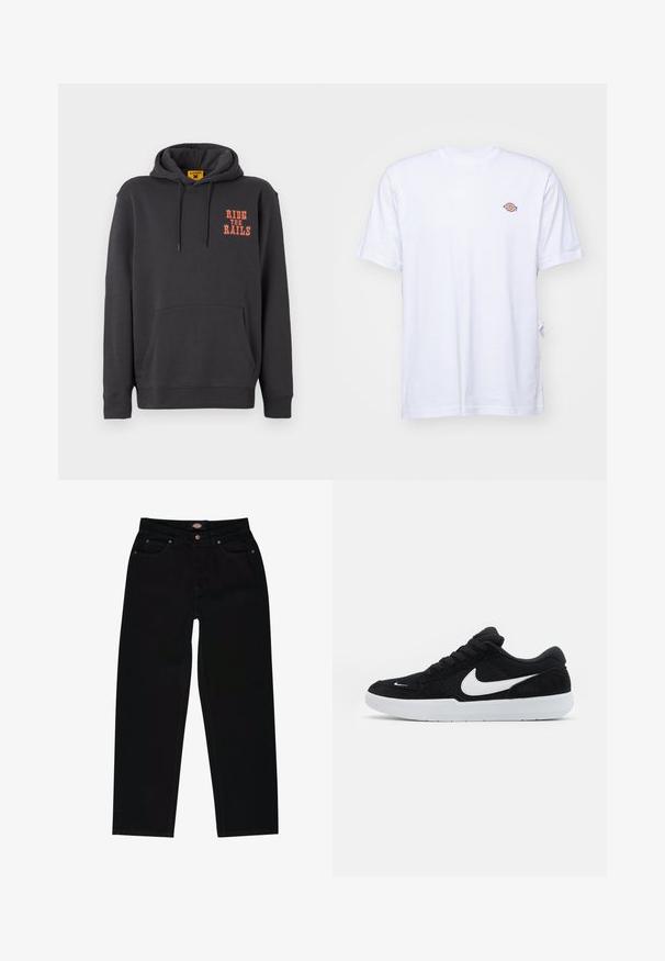 Grijze hoodie met een kangoeroezak, een capuchon met trekkoord en oranje "RIDE THE RAILS" tekst op de borst. Zacht materiaal met een gladde textuur.; Witte katoenen t-shirt met een v-hals en korte mouwen. Kenmerkt zich door een klein kleurrijk geborduurd logo op de linkerkant van de borst. Zachte textuur.; Zwarte denim jeans met een rechte pasvorm, voorzien van vijf zakken, bruine stiksels en een ritssluiting. Laatste textuur en duurzaam materiaal.; Zwarte suède sneakers met witte accenten, met een ronde neus, dikke witte zool en zwarte veters. Opvallend wit Nike-logo aan de zijkant.