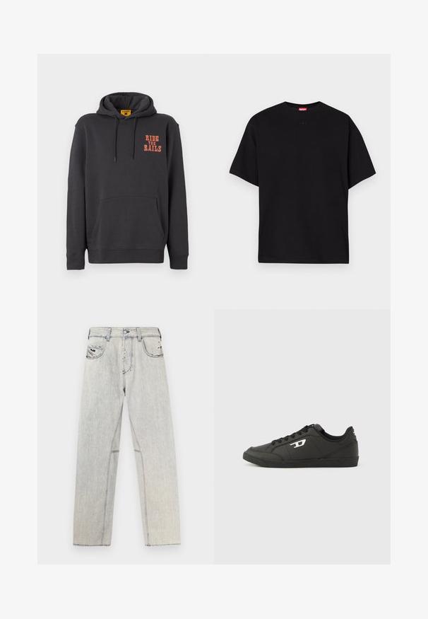 Grå hættetrøje med kængurulomme, snørehætte og orange "RIDE THE RAILS" tekst på brystet. Blødt stof med en glat tekstur.; Sorte bomulds T-shirt med rund hals, korte ærmer og et lille præget logo på fronten. Glat tekstur, casual design.; Lyseblå denimjeans med lige snit, der har kontrastsyninger, to forlommer og slidte detaljer på stoffet.; Sorte syntetiske sneakers med en struktureret sort sål, rund tå og flade sorte snørebånd. Fremtrædende hvidt logo på ydersiden.