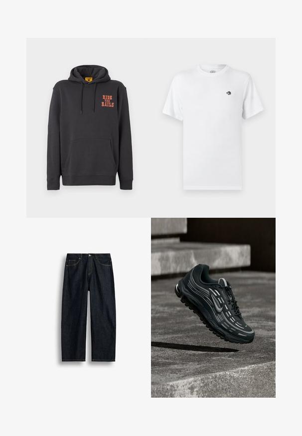 Grå hættetrøje med kængurulomme, snørehætte og orange "RIDE THE RAILS" tekst på brystet. Blødt stof med en glat tekstur.; Hvid, kortærmet T-shirt med rund hals og et lille sort-hvidt broderet logo på venstre bryst.; Mørkeblå straight-leg denimjeans med gul syning, forlommer og en knaplukning ved taljen.; Sort og grå Nike Air Max sneaker, der flyder over grå betontrin med tekstureret jordbaggrund.