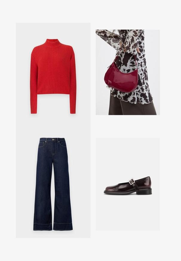 Suéter rojo de canalé con cuello alto, mangas largas y un diseño corto. La textura de la tela parece suave y de punto, con rayas verticales.; Jeans rectos de mezclilla color azul oscuro. Presentan un cierre de botón, detalles de costura y bolsillos laterales. Dobladillo acampanado.; Zapato único Mary Jane brillante de color burdeos oscuro con correa ancha y hebilla plateada, tacón bloque bajo y punta redondeada sobre fondo blanco.; Mujer con blusa de estampado en blanco y negro sosteniendo un bolso de hombro rojo brillante sobre un fondo liso.