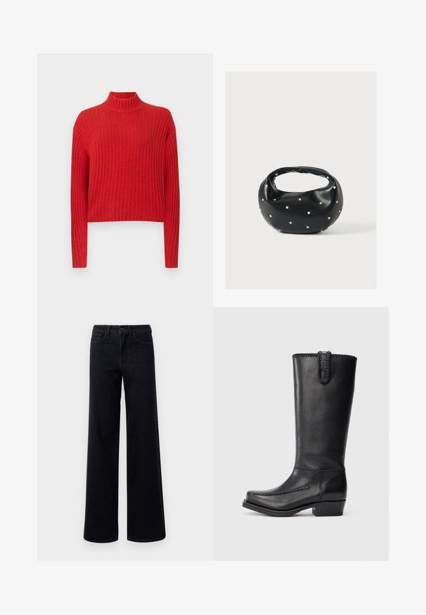 Pull en maille rouge à côtes avec un col montant, des manches longues et une coupe courte. La texture du tissu semble douce et tricotée, avec des rayures verticales.; Jean en denim noir à jambes larges avec une taille haute, doté de poches standard et d'une fermeture à bouton. Texture lisse avec un léger, stretch.; Bottes en cuir noires mi-mollet avec une bordure tressée le long du bord supérieur et de la couture avant, dotées d'un petit talon épais et d'un bout carré arrondi.; Sac à main en cuir noir de forme arrondie, décoré de clous argentés et équipé d'une poignée courte. Texture lisse et fermeture éclair.