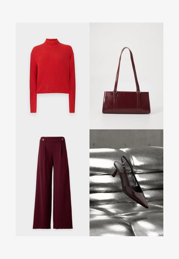 Suéter rojo de canalé con cuello alto, mangas largas y un diseño corto. La textura de la tela parece suave y de punto, con rayas verticales.; Pantalones de pierna ancha y talle alto en tejido burdeos oscuro con una cintura ajustada que presenta dos detalles de botones dorados.; Zapato de tacón alto de charol rojo oscuro con tira trasera y puntera puntiaguda, exhibido sobre una superficie de cuero plateado brillante capitonada.; Bolso burdeos hecho de material brillante, de forma rectangular, con dos asas para el hombro y sutiles acentos curvados en la parte frontal.
