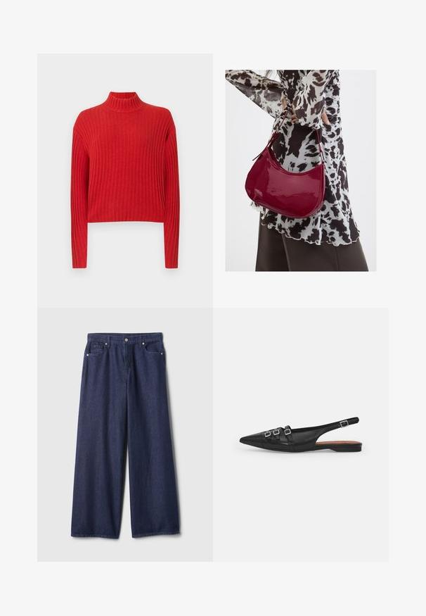 Rød ribbet trøje med høj hals, lange ærmer og cropped design. Stoffet ser blødt og strikket ud, med lodrette striber.; Vidbenet mørkeblå denimjeans med en glat tekstur, fem-lomme design, lukning med metal-knap og syningsdetaljer langs sømmene.; Sort læderslyngeflad sko med spids tå, der har to vandrette stropper og firkantede sølvspænder, lav hæl og glat tekstur.; Kvinde iført en sort- og hvidmønstret bluse, der holder en blank rød skuldertaske mod en ensfarvet baggrund.