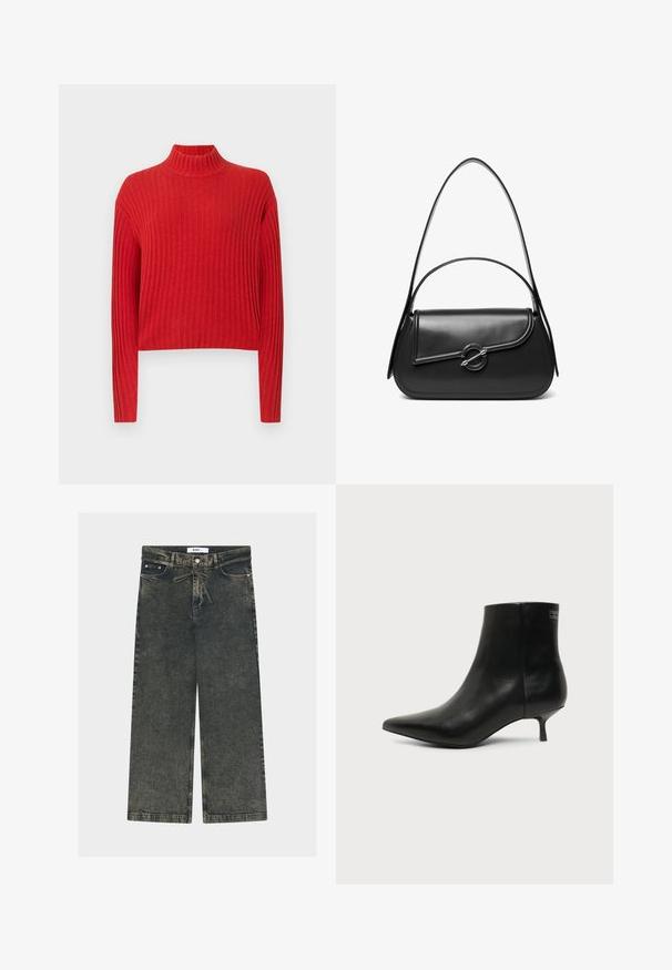 Pull en maille rouge à côtes avec un col montant, des manches longues et une coupe courte. La texture du tissu semble douce et tricotée, avec des rayures verticales.; Jeans à jambes larges en denim gris foncé avec une finition texturée, dotés d'une fermeture à bouton, de passants de ceinture et de poches avant.; Bottine en cuir noir avec bout pointu et petit talon kitten sur fond clair, vue côté extérieur.; Sac à bandoulière en cuir noir avec un rabat incurvé fermé par un fermoir métallique rond et une sangle fine et ajustable.