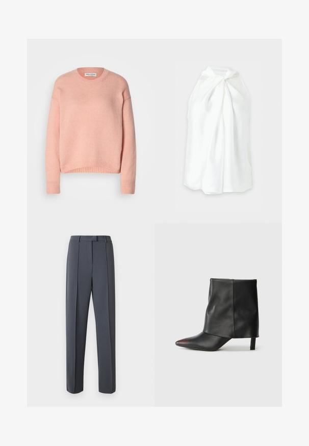 Lys pink, strikket sweater med rund hals, sænket skuldre og ribbede manchetter og kant. Blød tekstur, afslappet design.; Hvid ærmeløs halterneck-top med knude foran og løstsiddende, flydende stof.; Grå, skræddersyede bukser med et lige ben, for- og en glat tekstur. Taljebåndet har bæltestropper for justerbar pasform.; Sort ankelstøvle lavet af glat læder med spids tå og tilspidset hæl. Overdelen har et let rynket design.