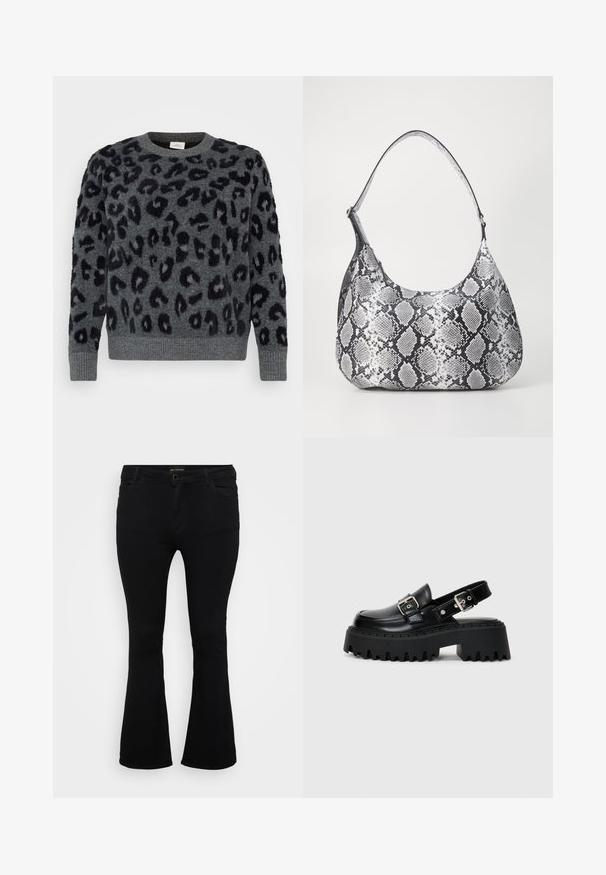 Grauer Pullover mit schwarzen Leopardenflecken, mit Rundhalsausschnitt und gerippten Säumen, aus einem weichen, strukturierten Material.; Schwarze Schlagjeans aus Denim mit Knopfverschluss, fünf Taschen und einer glatten Textur. Klassisches Design mit ausgestellt geschnittenem Saum.; Schwarze Plateausandalen aus glänzendem Leder, mit einem Schnallenriemen und einer strukturierten, dicken Sohle mit ausgeprägten Rillen.; Schultertasche im schwarz-weißen Schlangenprint mit runder Form, glatter Textur und gebogenem Tragegurt. Mit einem silbernen Hardware-Akzent.
